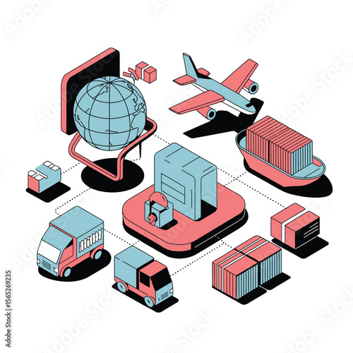 2d vector illustration colorful Land and sea transport techniques, methods and technological tools for transporting and shipping goods and products and logistic 
