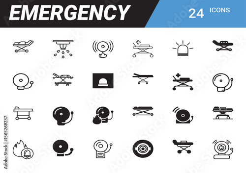 Emergency Icon Set: A comprehensive set of 24 meticulously designed icons representing various emergency scenarios and essential equipment. Ready for diverse applications