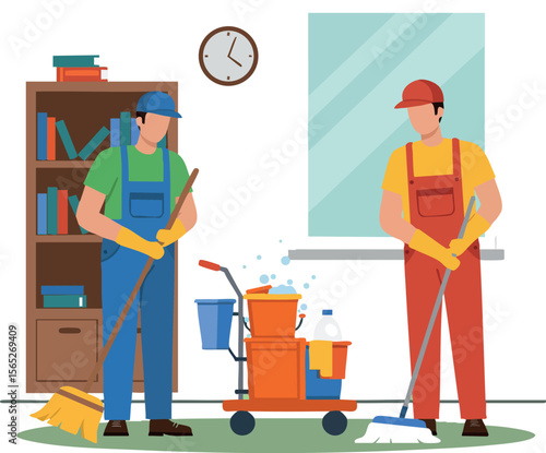 Two janitors cleaning floor with mops and cleaning cart in indoor office space 