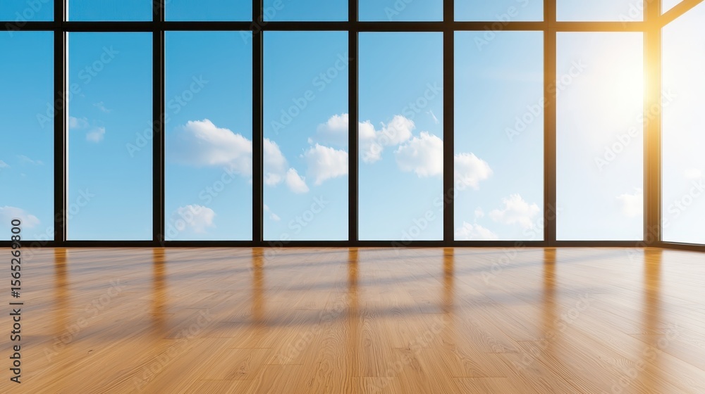 Fototapeta premium Bright and Spacious Interior Space with Large Windows Showcasing Clear Blue Skies and Natural Light Streaming In