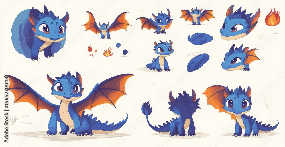 Obraz premium Cute Blue Dragon Poses