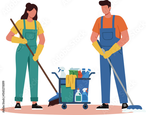 Cleaning workers mopping floor with janitorial cart and supplies in flat vector 