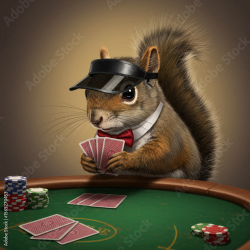 Professional Squirrel Poker Player with Visor and Bow Tie Vector Illustration
