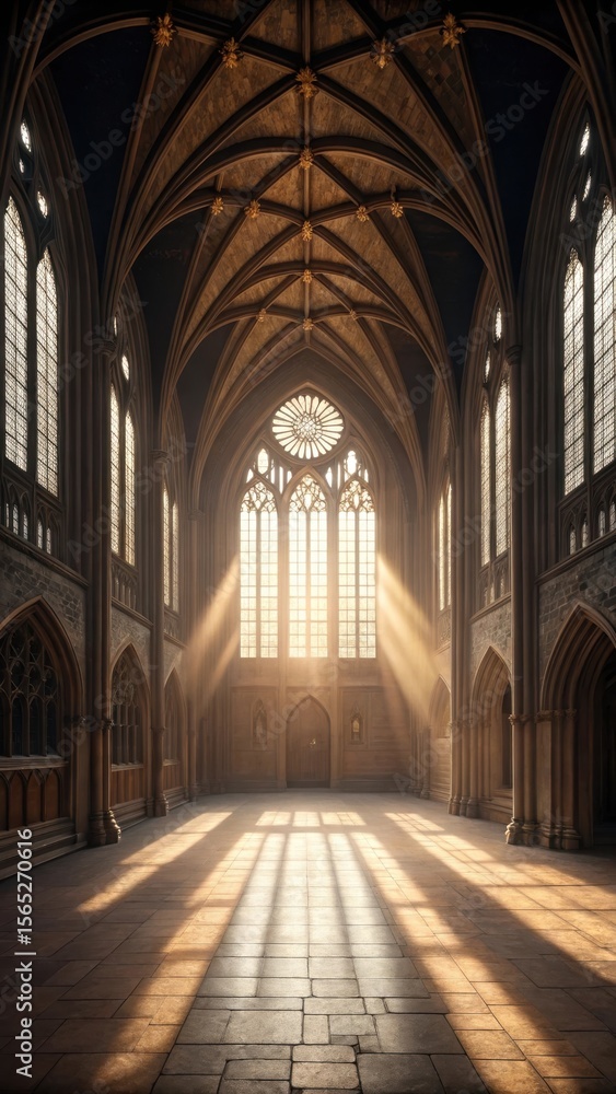 Fototapeta premium Sunlight streams through grand gothic cathedral interior with ornate vaulted ceiling
