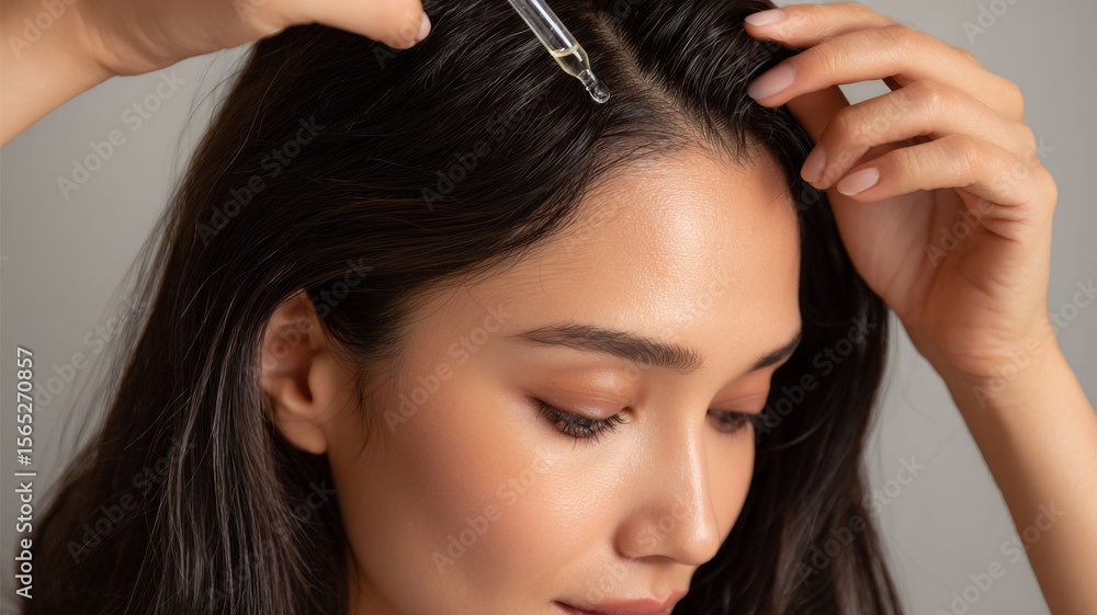 Naklejka premium Serum hair dark, woman applying hair serum, close up beauty care, healthy scalp treatment, natural hair care, skincare routine
