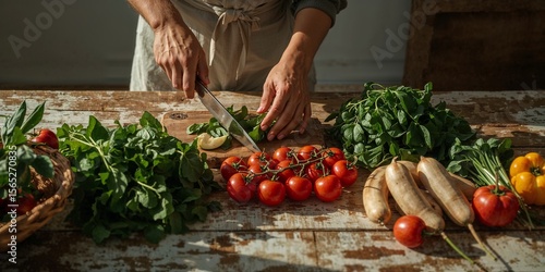 A person chopping vegetables on a wooden cutting board with tomatoes and other produce around it