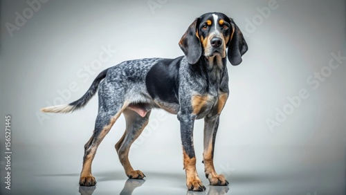 A striking bluetick hound dog stands majestically, showcasing its unique coat pattern and alert expression against a neutral backdrop.