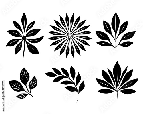 Botanical silhouette elements. Abstract twigs with leaves in various shapes. Simple vector illustration. Suitable for cards, decorations and various designs.