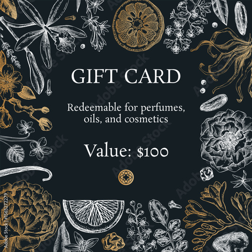 Perfumery ingredients frame design. Aromatic plants and flowers hand drawn vector illustration. Minimalist gift card, floral invitation template. NOT AI generated
