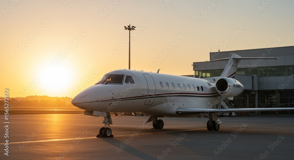 Obraz premium Private Jet on Runway at Sunset, Illuminated by Golden Light