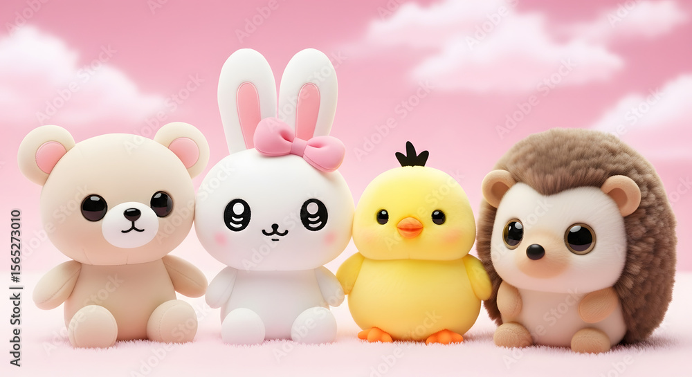Obraz premium Adorable Kawaii Animals: Bunny, Bear, Chick, Hedgehog