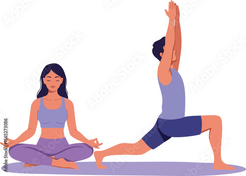 Couple practicing yoga meditation and stretching exercises in purple outfits vector illustration 