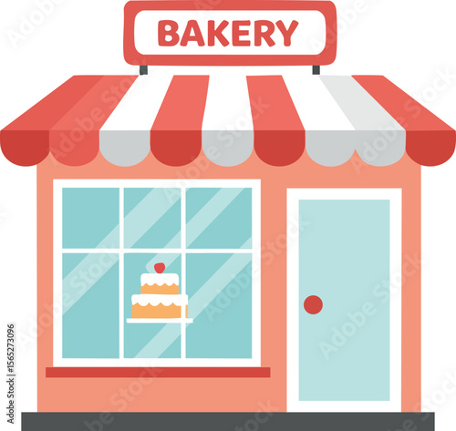 Bakery shop storefront with striped red and white awning and cake display vector illustration 