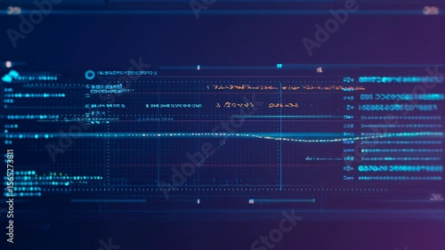 Interface futuriste avec données numériques animées en texte anglais, éléments d’affichage dynamique bleu sur fond sombre dégradé, style technologique simulant une évolution de data, texte en anglais