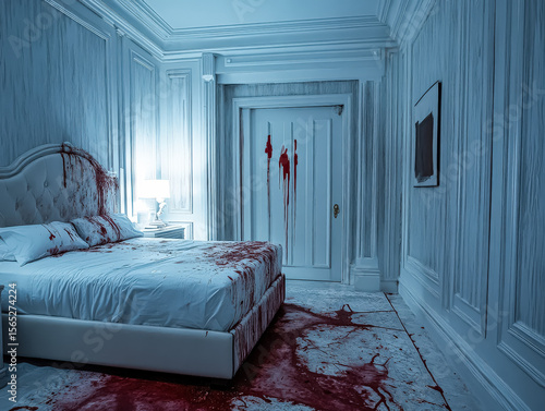 Bedroom with a bloody bed and a bloody door