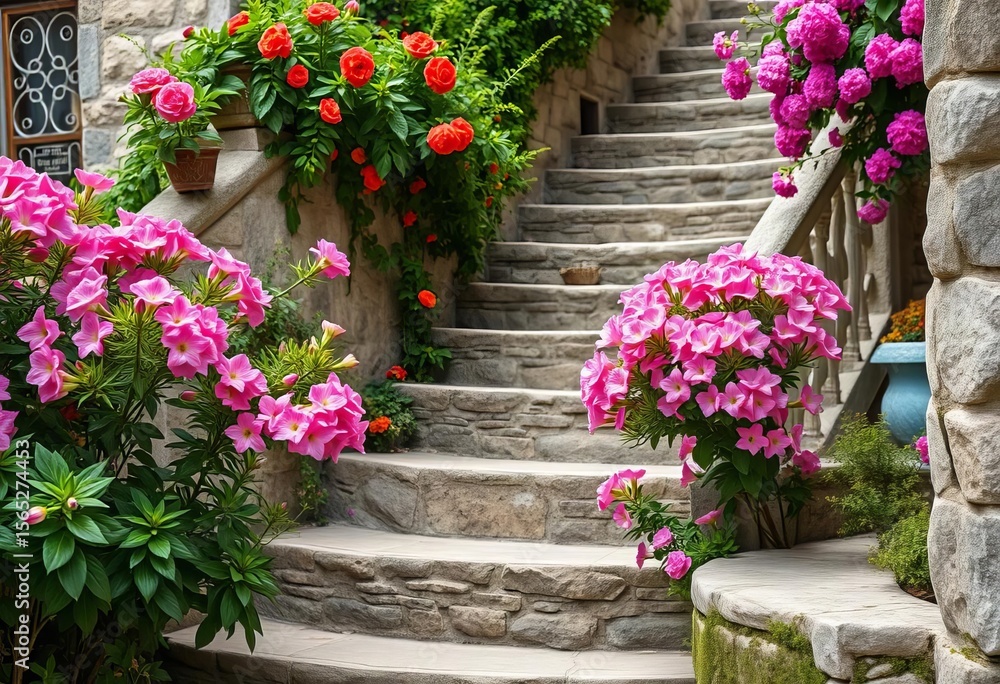 Naklejka premium Pink flowers bloom beside charming, winding stone stairs, beauty, pathway