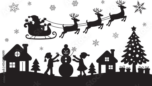 Santa Claus in Sleigh Silhouette with Reindeer for Christmas Designs
