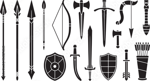 Medieval Weapons Illustration Spear Longbow Crossbow Sword Dagger and Shield