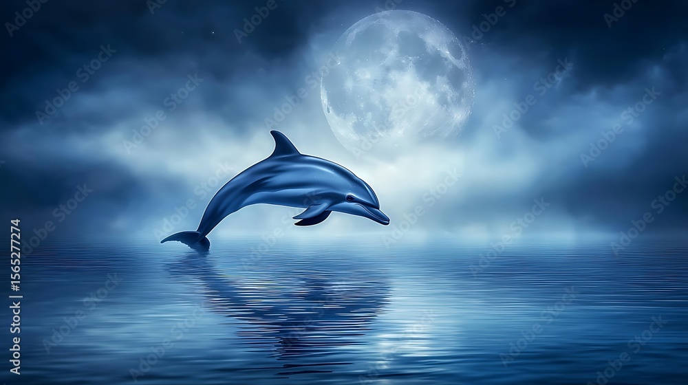 Fototapeta premium Dolphin leaping under moonlight