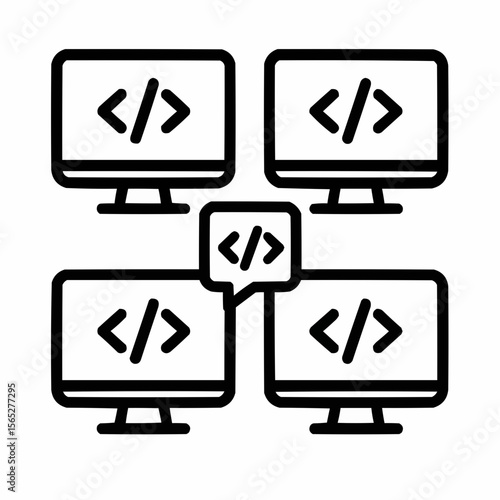 Four monitors displaying same codebase. Group development
