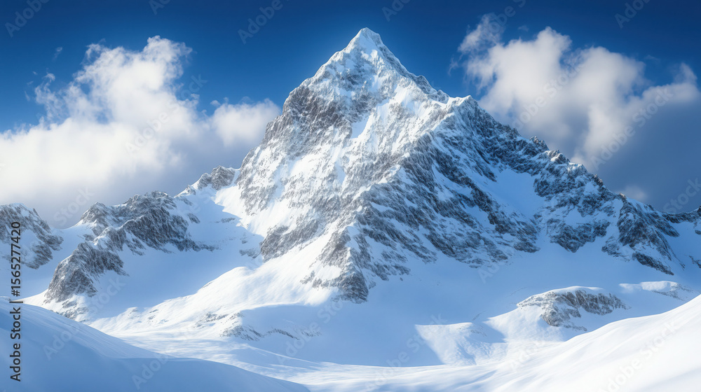 Obraz premium a towering snow-covered peak with rugged textures, deep shadows, and a crisp blue sky behind it, dramatic winter scenery