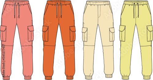 Colorful cargo jogger pants flat sketch front view, drawstring waist, utility pockets, fashion technical design, casual streetwear illustration flat vector illustration