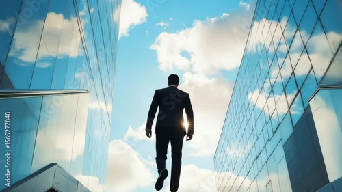 Confident ascent on modern glass staircase between skyscrapers