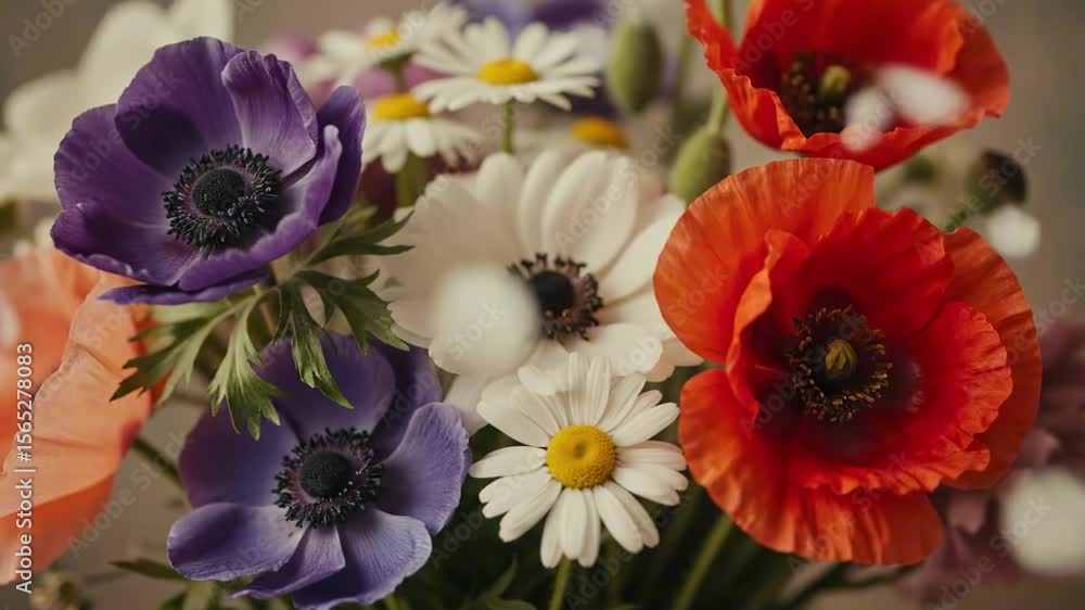 A vibrant bouquet featuring a mix of colorful flowers including poppies, daisies, and anemones, arranged artfully in a rustic setting, creating a cheerful and lively atmosphere perfect for decoration A vibrant bouquet featuring a mix of colorful flowers including poppies, daisies, and anemones, arranged artfully in a rustic setting, creating a cheerful and lively atmosphere perfect for decoration