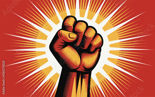 Clenched fist raised against sunburst power strength