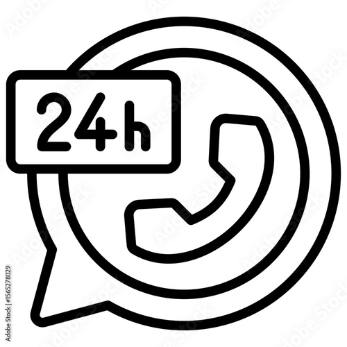 24h Support Outline Style Icon Vector Design - Phone symbol with "24h" tag, representing around-the-clock support service