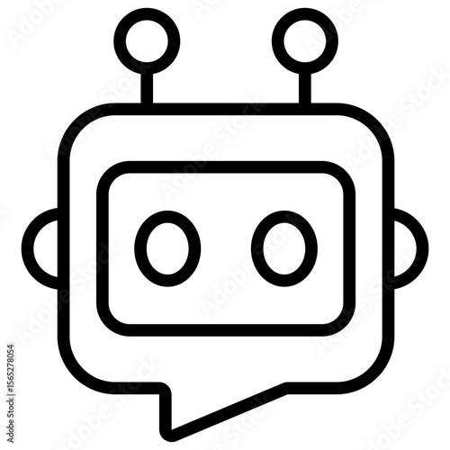Chatbot Outline Style Icon Vector Design - friendly robot head with antennas and chat bubble, representing automated virtual assistant or chatbot