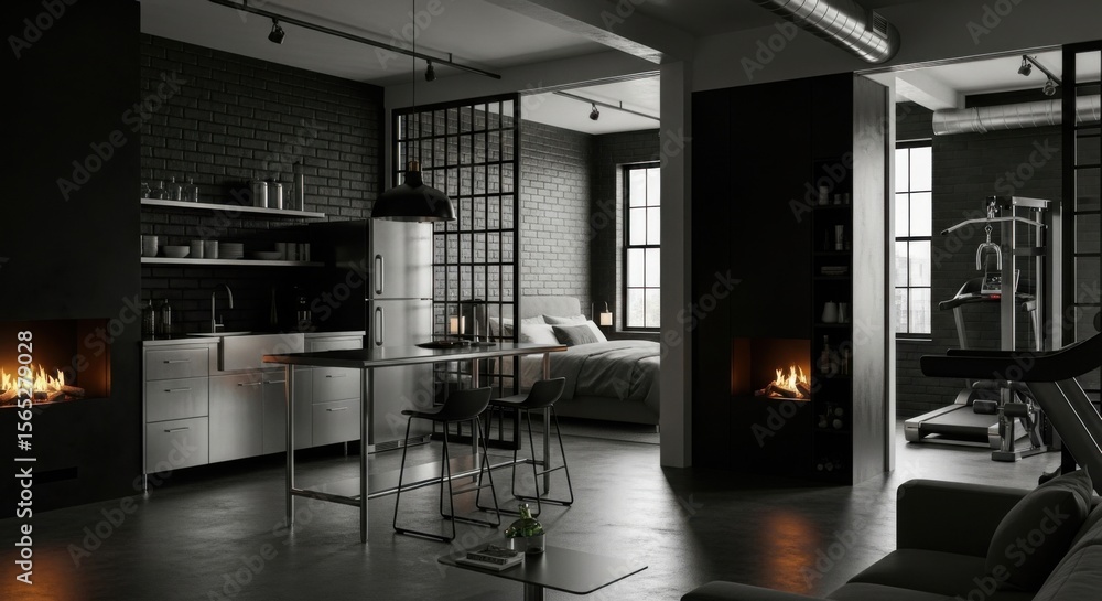 Modern Open Concept Living Space with Kitchen, Bedroom, and Gym Areas Modern Open Concept Living Space with Kitchen, Bedroom, and Gym Areas