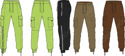 Men's jogger pants technical flat sketch with cargo pockets, drawstring hem, multi-color design, front side back view illustration flat vector illustration