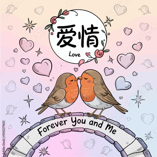Love kanji with two birds and hearts for forever you and me romantic greeting or wedding card  