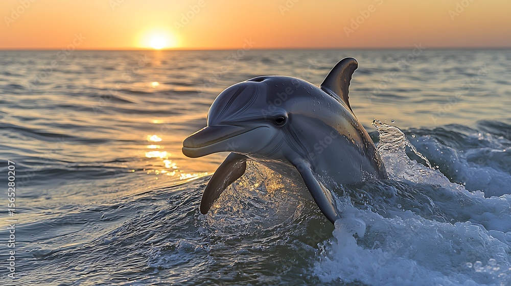 Naklejka premium Dolphin leaping during sunset