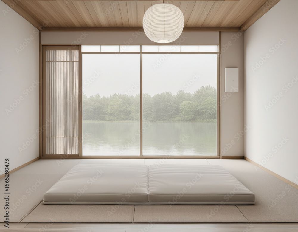 Fototapeta premium Modern Japanese Zen Bedroom with Minimalist Aesthetic and Tatami Flooring.