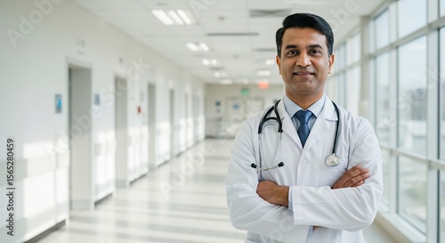 Confident Doctor in a Modern Hospital Corridor, Professional Portrait