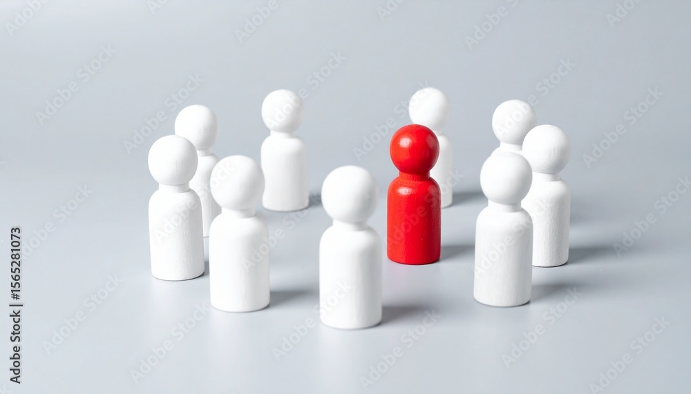 A red figure stands out amongst a group of white figures A red figure stands out amongst a group of white figures