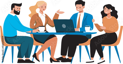 Diverse groups of professionals are engaged in team meetings around a table