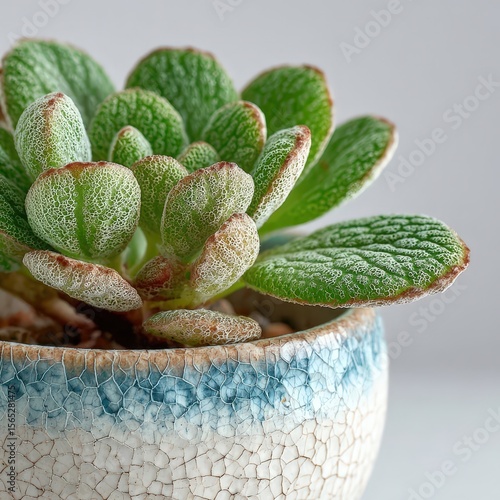 Adromischus cristatus (Crinkle Leaf Plant) A close-up of a textured succulent plant in a decorative pot, showcasing vibrant green leaves against a light background.