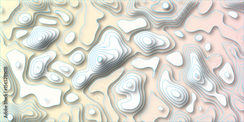 3D Papercut Stylized White topographic contour scheme and terrain. Abstract lines background paper texture Imitation of a geographical map shades beautiful white color palette colors, waves and layers