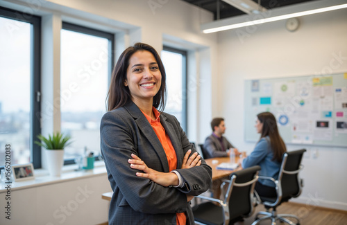 Portrait of successful young businesswoman, sales manager, smiling at camera. Confident woman, business leader, standing in stylish modern office near window at her workplace during meeting.