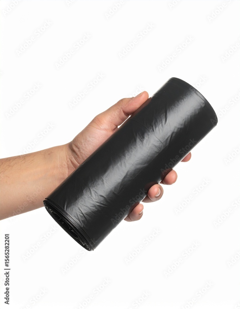 Hand Holding Compact Roll of Black Trash Bags – Isolated on White Hand Holding Compact Roll of Black Trash Bags – Isolated on White