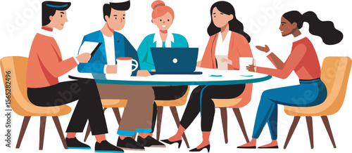Diverse groups of professionals are engaged in team meetings around a table