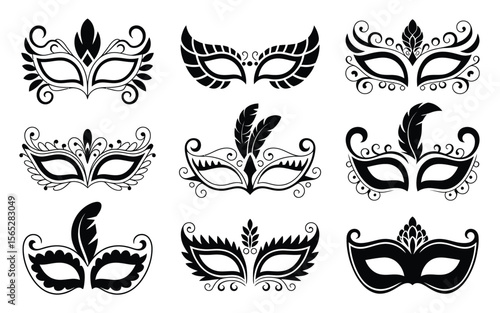 Ornate black masquerade masks with feathers and decorative elements vector