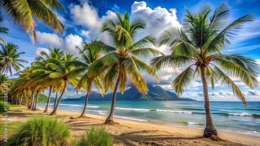 Obraz premium Serene Tropical Beach Scene with Lush Palm Trees Swaying Gently in a Warm Breeze Under a Bright Sunny Sky