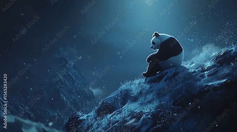 Fototapeta premium Panda on snowy mountain peak at night