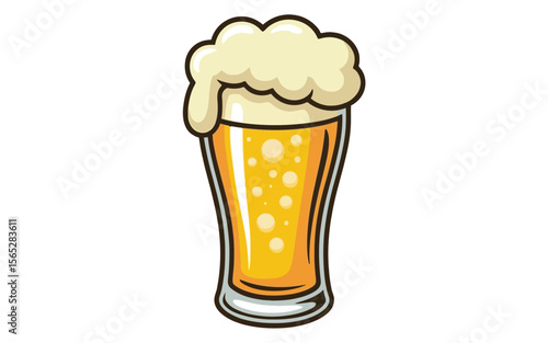 Tall glass of golden beer with frothy head and bubbles drink beverage