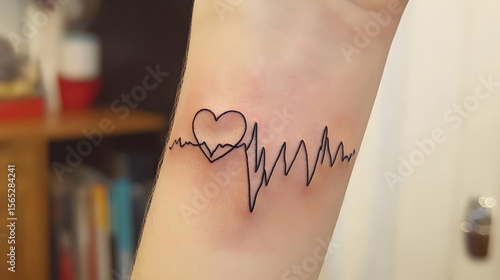 Delicate wrist tattoo featuring a broken heart and EKG line.  A simple, minimalist design of a heart with a fractured edge, accompanied by a stylized EKG line, sits on a wrist