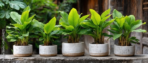 Vibrant potted plants line weathered stone
